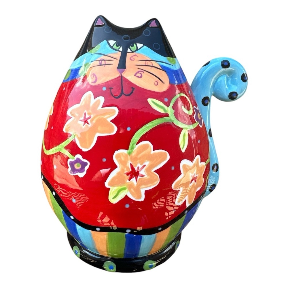 Joyce Shelton Cat's Meow Ceramic Cat Piggy Bank Colorful Floral Design 8”